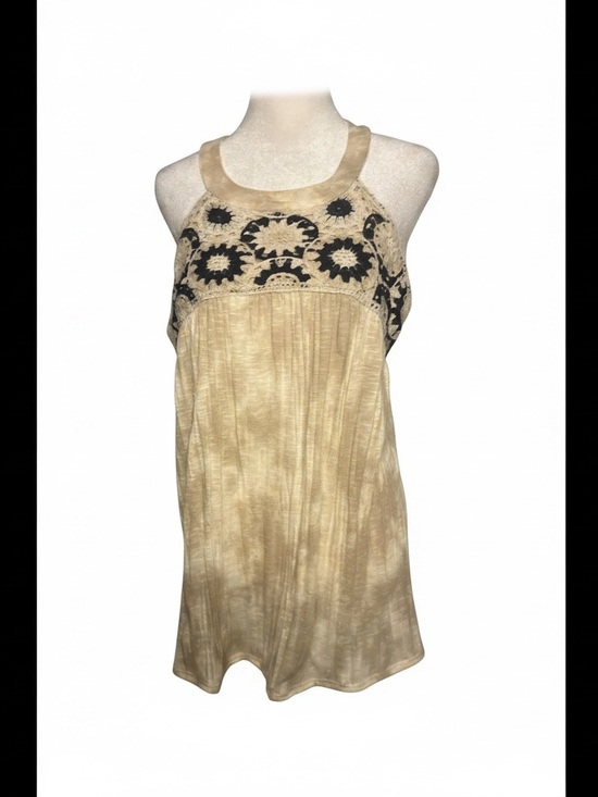 Cato Tops - Sleeveless Beige Cream Top with navy Crochet Yoke